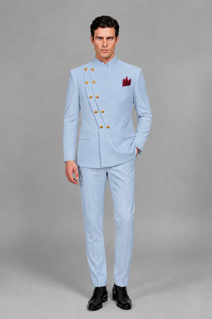 BOLODOO Men's Powder Blue Asymmetrical Mandarin Collar Tuxedo Suit – Modern 2-Piece Gold Button Wedding, Prom & Gala Set - Powder Blue - Powder Blue_02