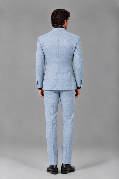 Savile Men's Rust Plaid 2-Piece Double-Breasted Suit – Peak Lapel Slim-Fit Jacket & Trousers Set - Powder Blue - Powder Blue