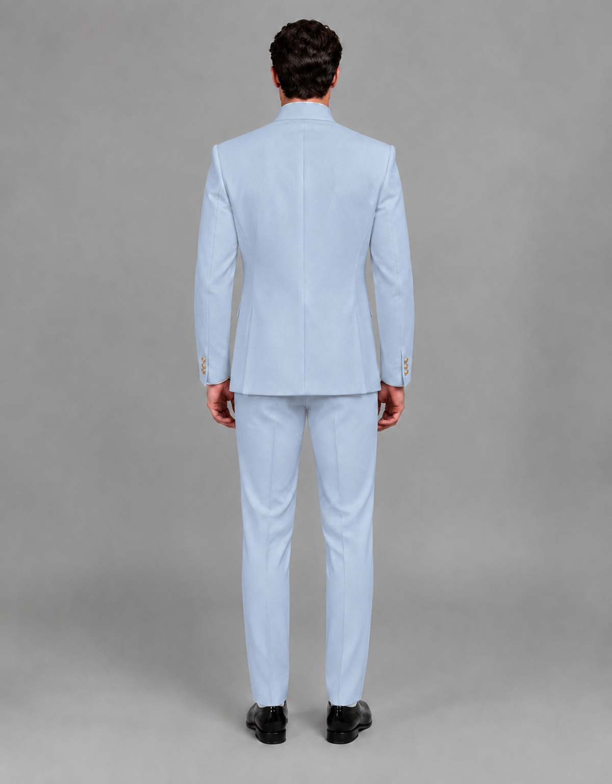 BOLODOO Men's Powder Blue Asymmetrical Mandarin Collar Tuxedo Suit – Modern 2-Piece Gold Button Wedding, Prom & Gala Set - Powder Blue - Powder Blue_03
