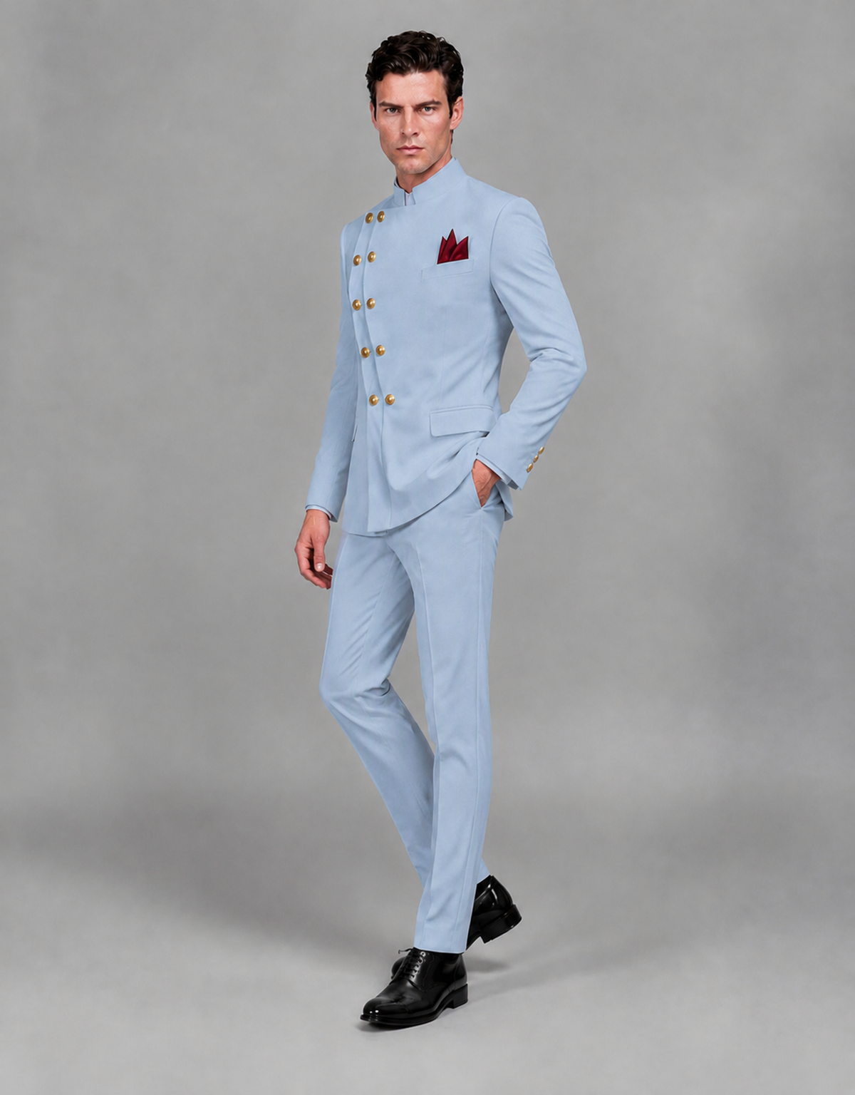 BOLODOO Men's Powder Blue Asymmetrical Mandarin Collar Tuxedo Suit – Modern 2-Piece Gold Button Wedding, Prom & Gala Set - Powder Blue - Powder Blue_04