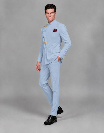 BOLODOO Men's Powder Blue Asymmetrical Mandarin Collar Tuxedo Suit – Modern 2-Piece Gold Button Wedding, Prom & Gala Set - Powder Blue - Powder Blue_04