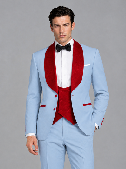 Savile Men's Powder Blue 3-Piece Tuxedo Suit Set – Contrast Red Shawl Lapel Blazer, Red Waistcoat & Trousers - SUC020 - Powder_Blue