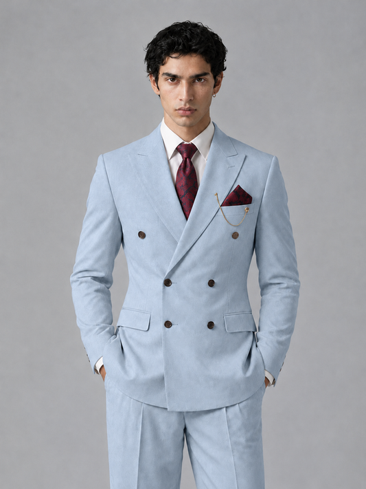 Savile Men's Powder Blue Double-Breasted 2-Piece Suit Set – Peak Lapel Blazer & Pleated Wide-Leg Trousers - Powder Blue - Powder Blue_1