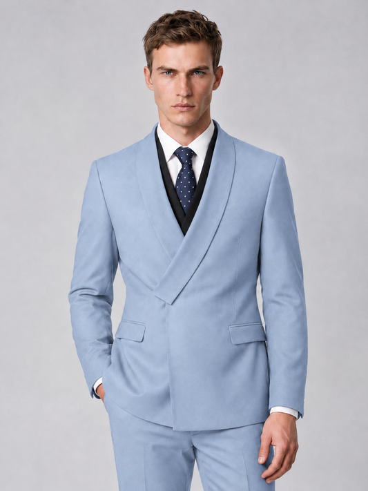 Savile Men's Powder Blue Wrap Shawl Lapel 2-Piece Suit Set – Modern Jacket & Trousers - Powder Blue - Powder Blue_1
