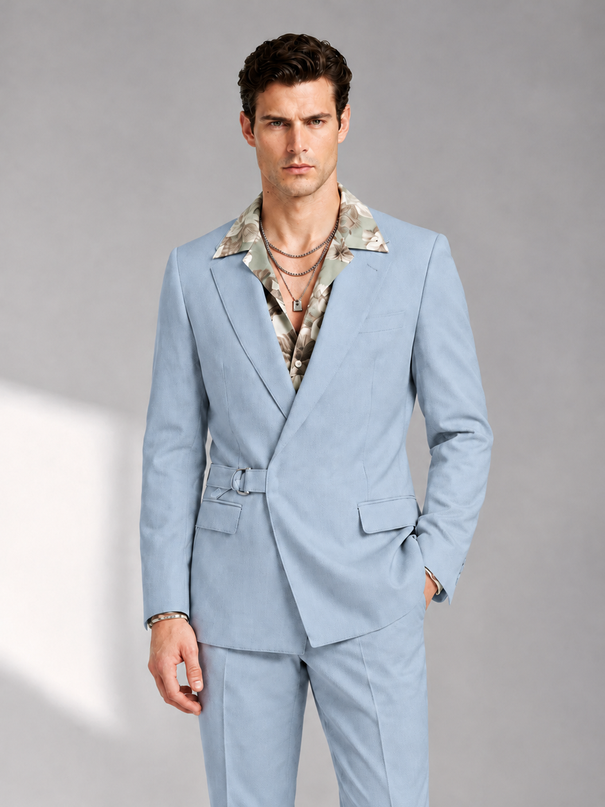 Savile Men's Powder Blue Belted Wrap 2-Piece Suit – Peak Lapel Blazer & Tailored Trousers - SUC060 - Powder Blue - Powder Blue_1