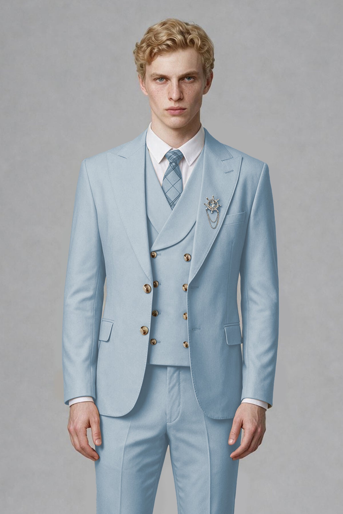 Savile Men's Powder Blue Three-Piece Wedding Suit with Double-Breasted Waistcoat - Powder Blue