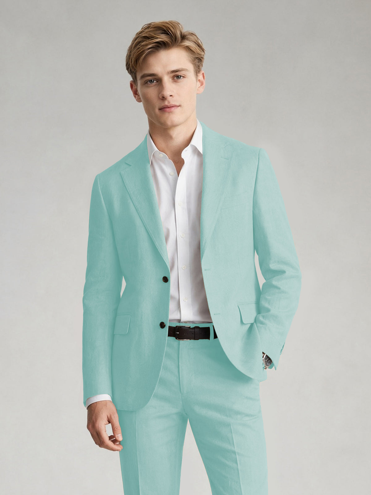 Savile Men's Sand Khaki Linen-Blend 2-Piece Suit Set – Two-Button Notch Lapel Slim-Fit Blazer & Slim Trousers - Powder Blue - Powder_Blue