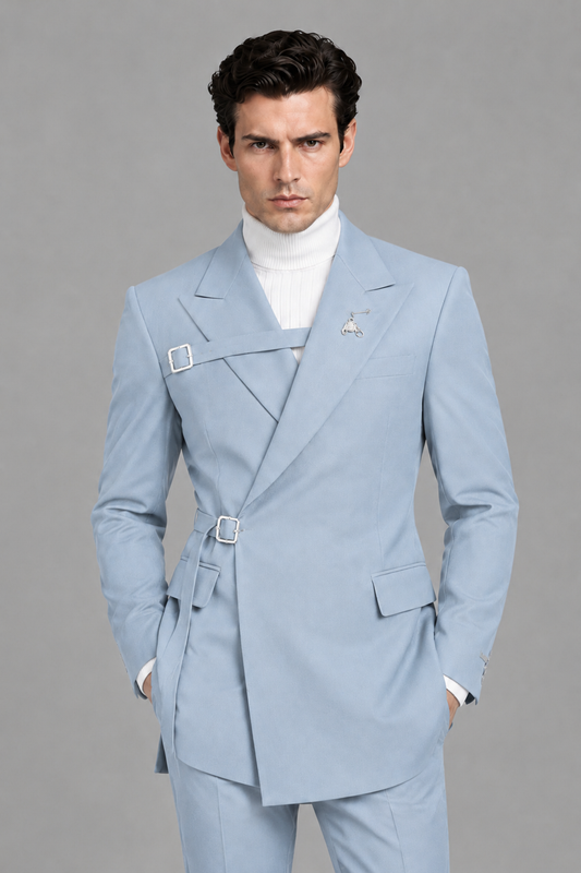 Savile Men's Powder Blue Double Buckle Wrap Belted 2-Piece Suit Set – Peak Lapel Slim-Fit Jacket & Trousers - Powder Blue - Powder Blue_1
