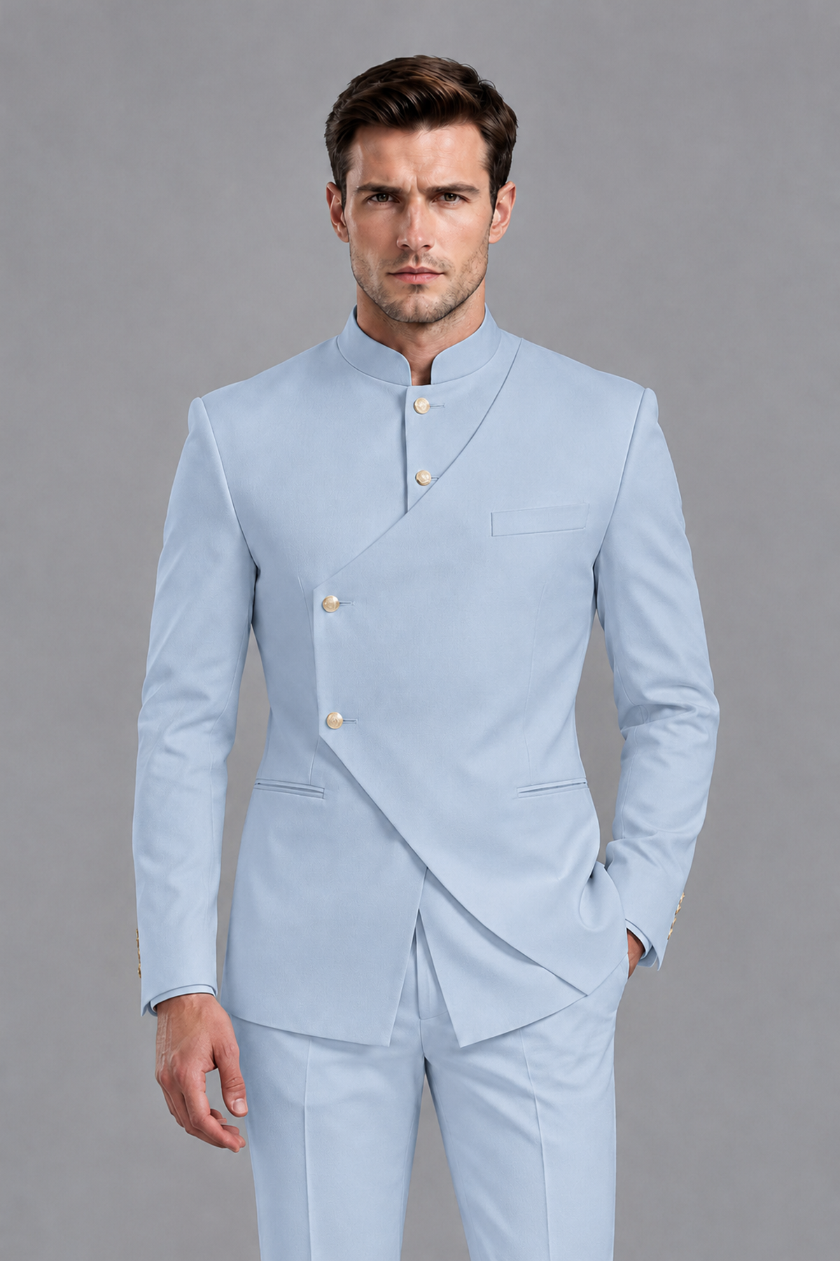 Savile Men's Powder Blue Asymmetrical Mandarin Collar Tuxedo Suit – Modern 2-Piece Gold Button Wedding, Prom & Gala Set - Powder Blue - Powder Blue_1