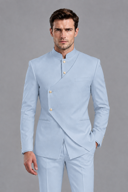 Savile Men's Powder Blue Asymmetrical Mandarin Collar Tuxedo Suit – Modern 2-Piece Gold Button Wedding, Prom & Gala Set - Powder Blue - Powder Blue_1
