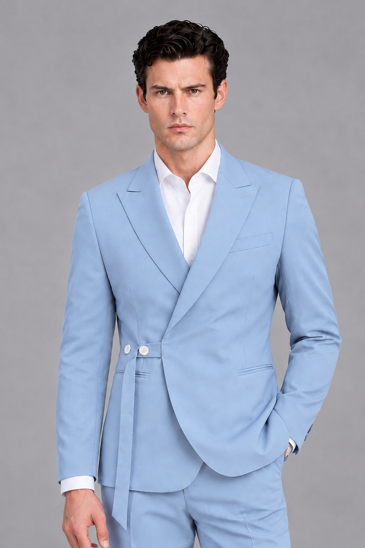 Savile Men's Modern Powder Blue 2-Piece Wrap Suit Set – Peak Lapel Side-Button Blazer & Tailored Trousers - Powder Blue - Powder_Blue_1