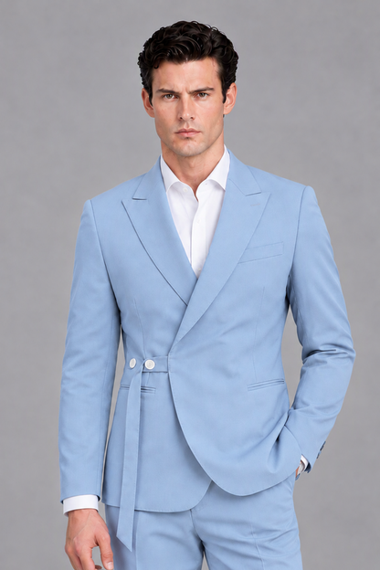 Savile Men's Modern Powder Blue 2-Piece Wrap Suit Set – Peak Lapel Side-Button Blazer & Tailored Trousers - Powder Blue - Powder_Blue_1
