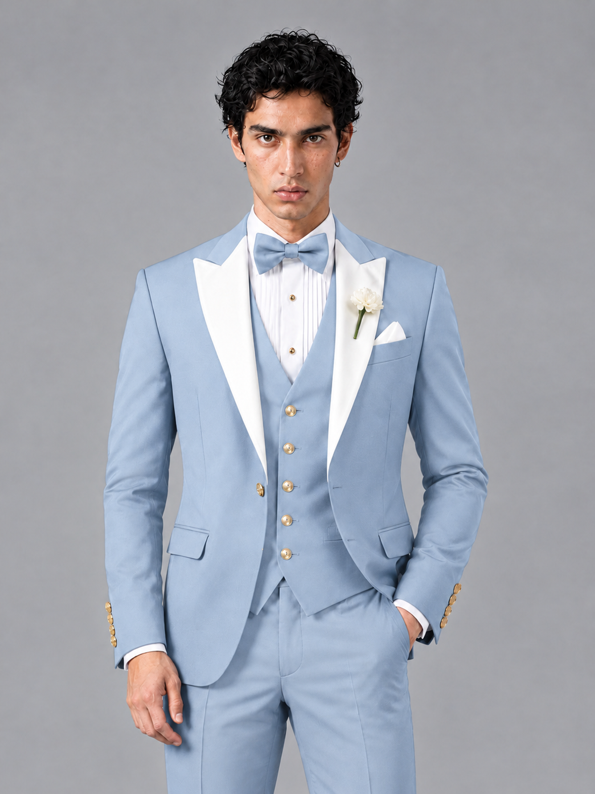 Savile Men's Powder Blue Contrast White Peak Lapel 3-Piece Tuxedo Suit - Powder_Blue