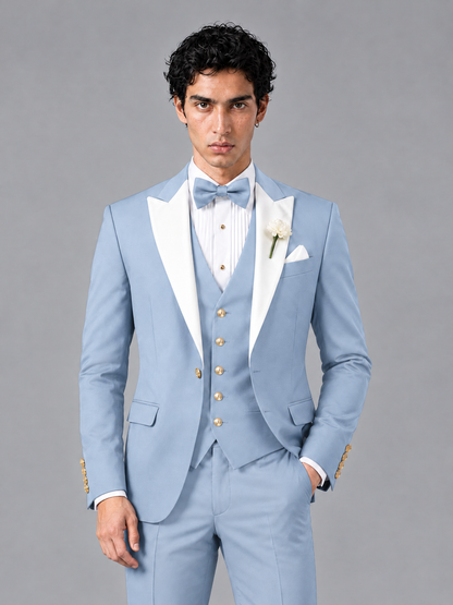 Savile Men's Powder Blue Contrast White Peak Lapel 3-Piece Tuxedo Suit - Powder_Blue