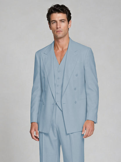 Men's Powder Blue Double-Breasted 2-Piece Suit – Peak Lapel Wedding & Beach Formal Set with Vest - Powder Blue