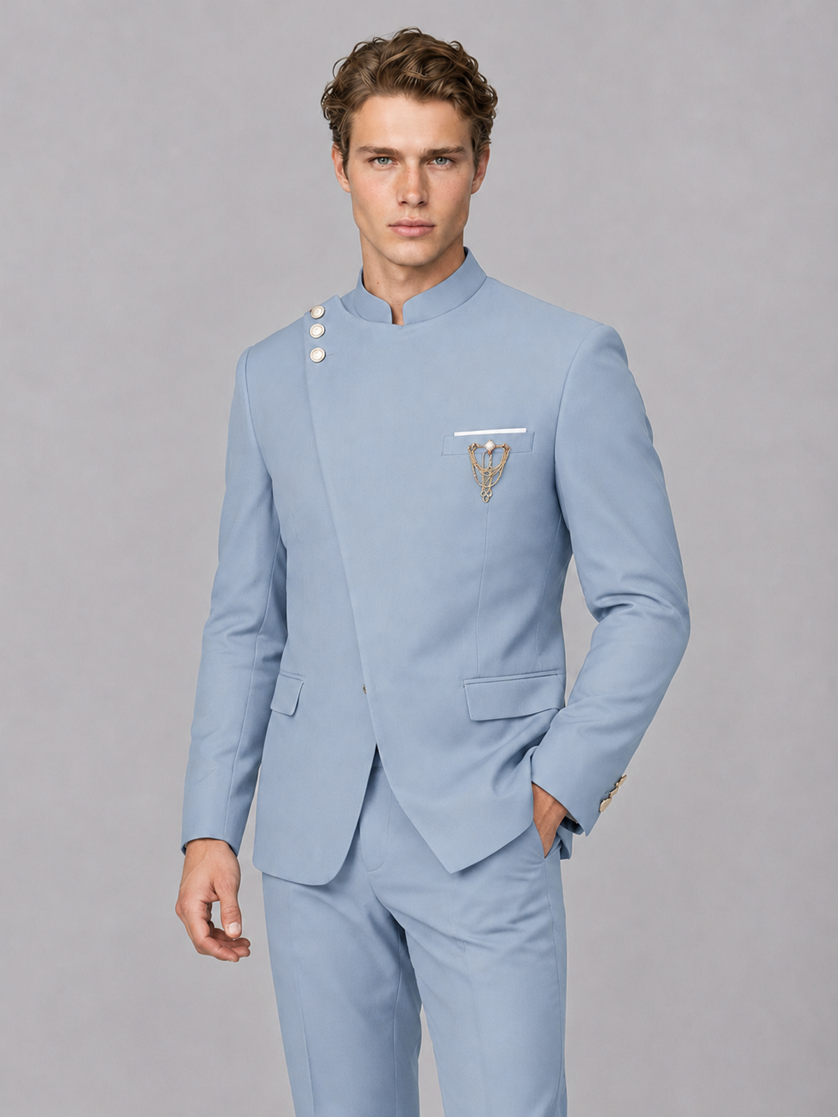 Savile Men's Powder Blue Mandarin Collar Asymmetrical 2-Piece Suit Set – Modern Jacket & Trousers - Powder Blue - Powder Blue_1