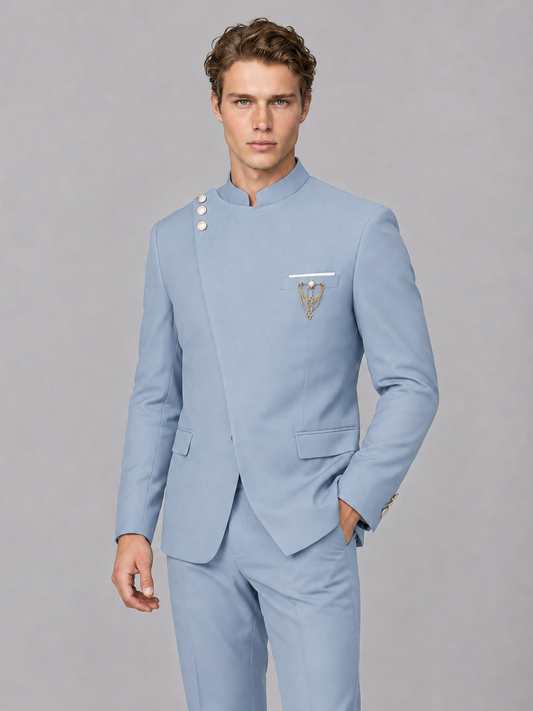 Savile Men's Powder Blue Mandarin Collar Asymmetrical 2-Piece Suit Set – Modern Jacket & Trousers - Powder Blue - Powder Blue_1