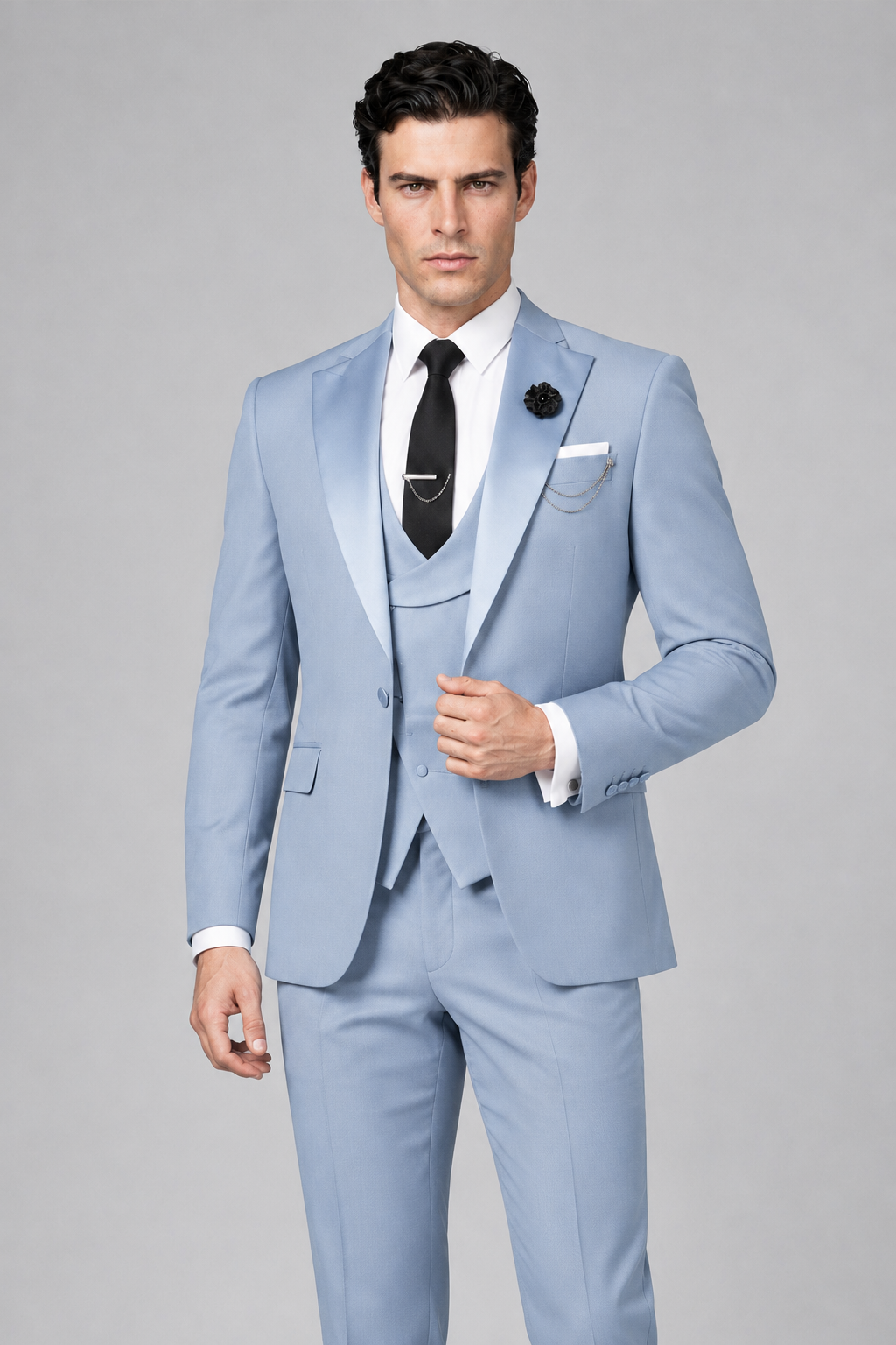 Savile Men's Powder Blue 3-Piece Tuxedo Suit – Contrast Silver Peak Lapel & Grey Vest Formal Set - Powder Blue - Powder Blue_1