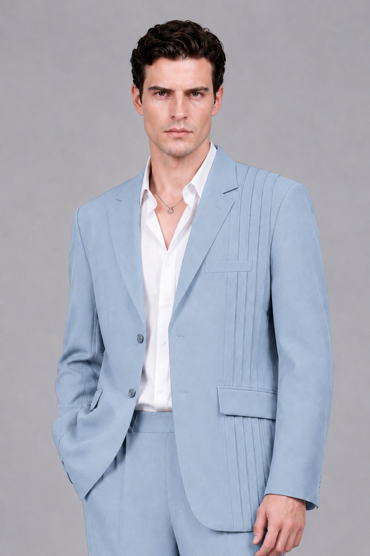 Savile Men's Powder Blue Pleated 2-Piece Suit Set | Notch Lapel Blazer & Tailored Trousers - Powder Blue - Powder Blue_1