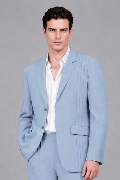 Savile Men's Powder Blue Pleated 2-Piece Suit Set | Notch Lapel Blazer & Tailored Trousers - Powder Blue - Powder Blue_1