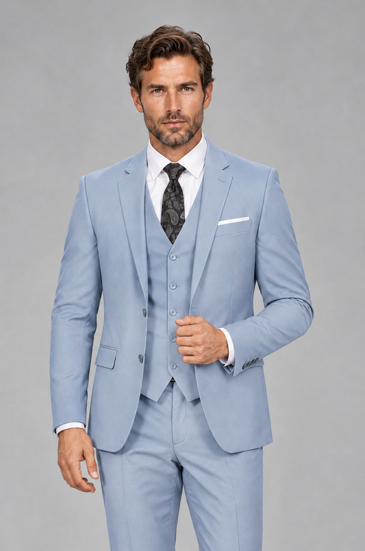 Savile Men's Powder Blue 3-Piece Suit Set – Notch Lapel Blazer, Vest & Trousers - Powder Blue - Powder_Blue_1