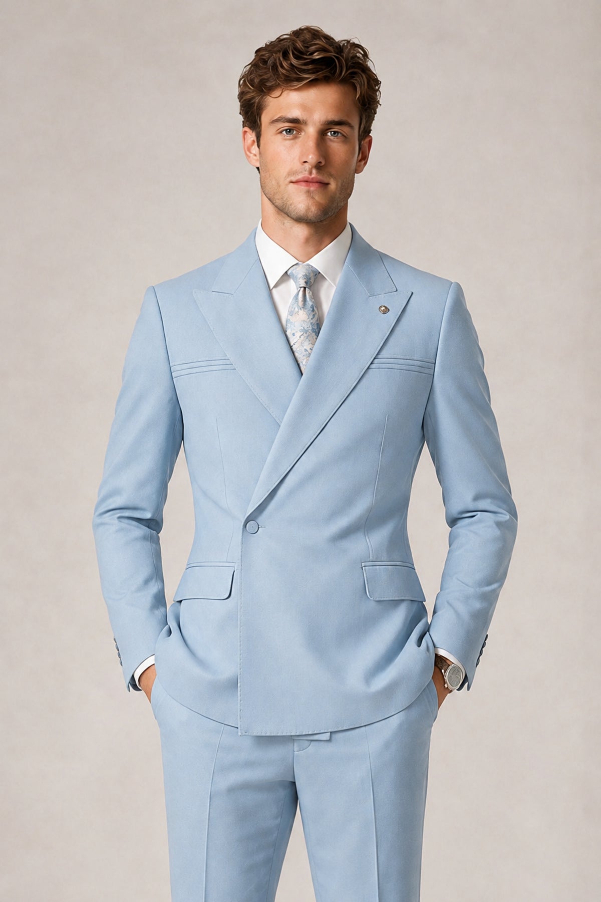 Savile Men's Powder Blue Double-Breasted Slim Fit 2-Piece Suit Set – Peak Lapel Blazer & Cuffed Trousers | Wedding Prom Formal - Powder Blue