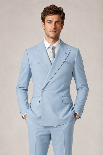 Savile Men's Powder Blue Double-Breasted Slim Fit 2-Piece Suit Set – Peak Lapel Blazer & Cuffed Trousers | Wedding Prom Formal - Powder Blue