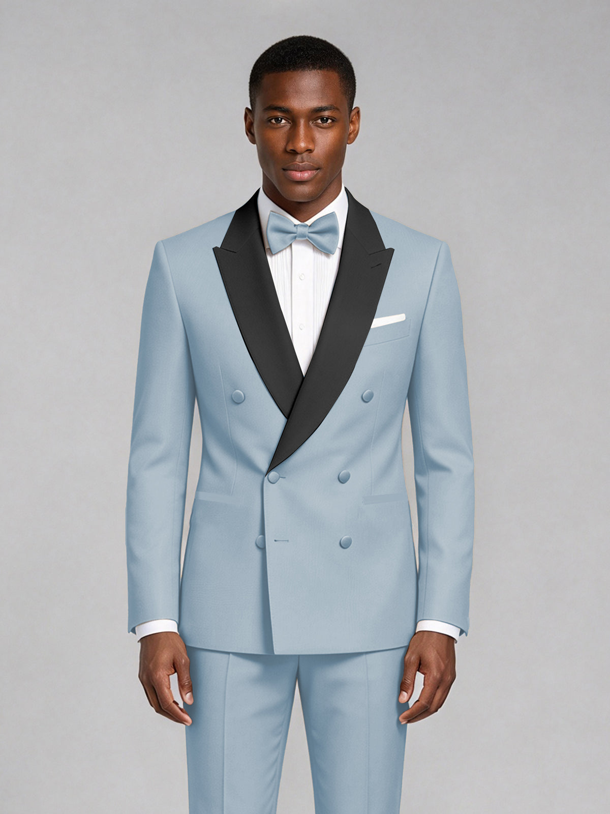 Men's Powder Blue Double-Breasted Tuxedo Suit – Satin Shawl Lapel Powder Blue-Tie Wedding & Gala 2-Piece Set - Powder Blue