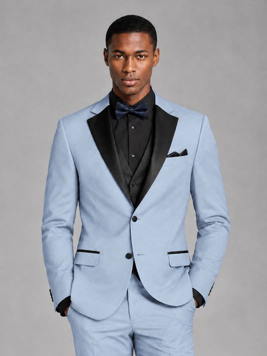 Savile Men's Powder Blue Contrast Shawl Lapel Tuxedo Suit – 3-Piece Wedding, Prom & Black-Tie Formal Set - Powder Blue - Powder Blue_1