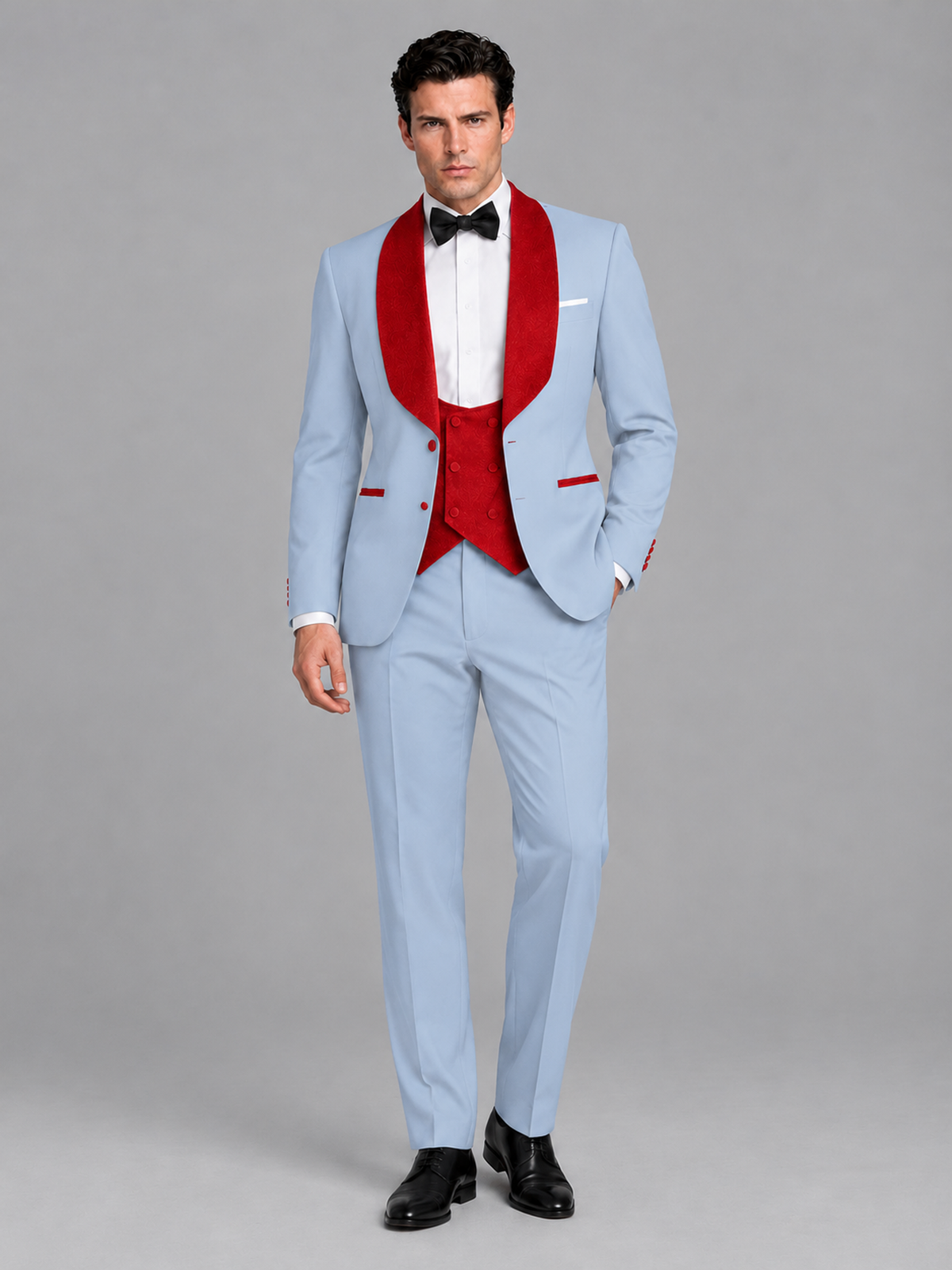Savile Men's Powder Blue 3-Piece Tuxedo Suit Set – Contrast Red Shawl Lapel Blazer, Red Waistcoat & Trousers - SUC020 - Powder_Blue