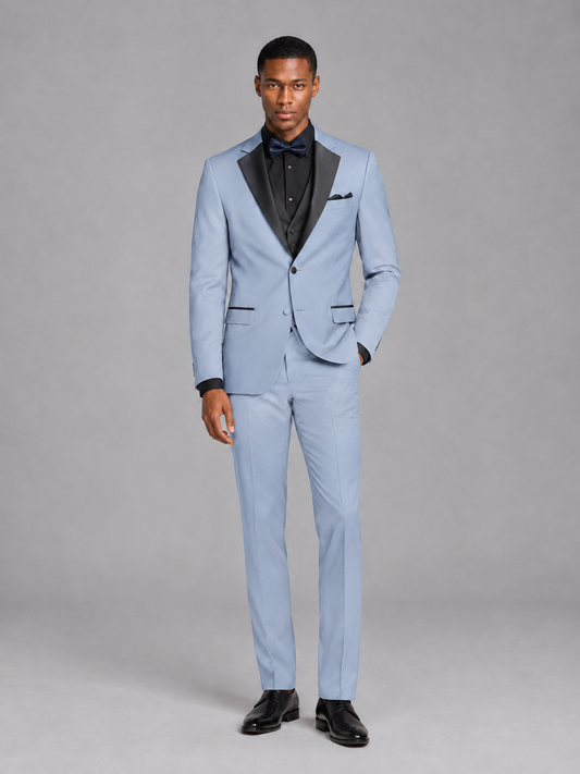 Savile Men's Powder Blue Contrast Shawl Lapel Tuxedo Suit – 3-Piece Wedding, Prom & Black-Tie Formal Set - Powder Blue - Powder Blue_2