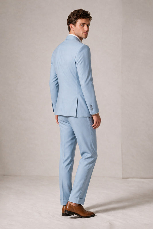 Savile Men's Powder Blue Double-Breasted Slim Fit 2-Piece Suit Set – Peak Lapel Blazer & Cuffed Trousers | Wedding Prom Formal - Powder Blue