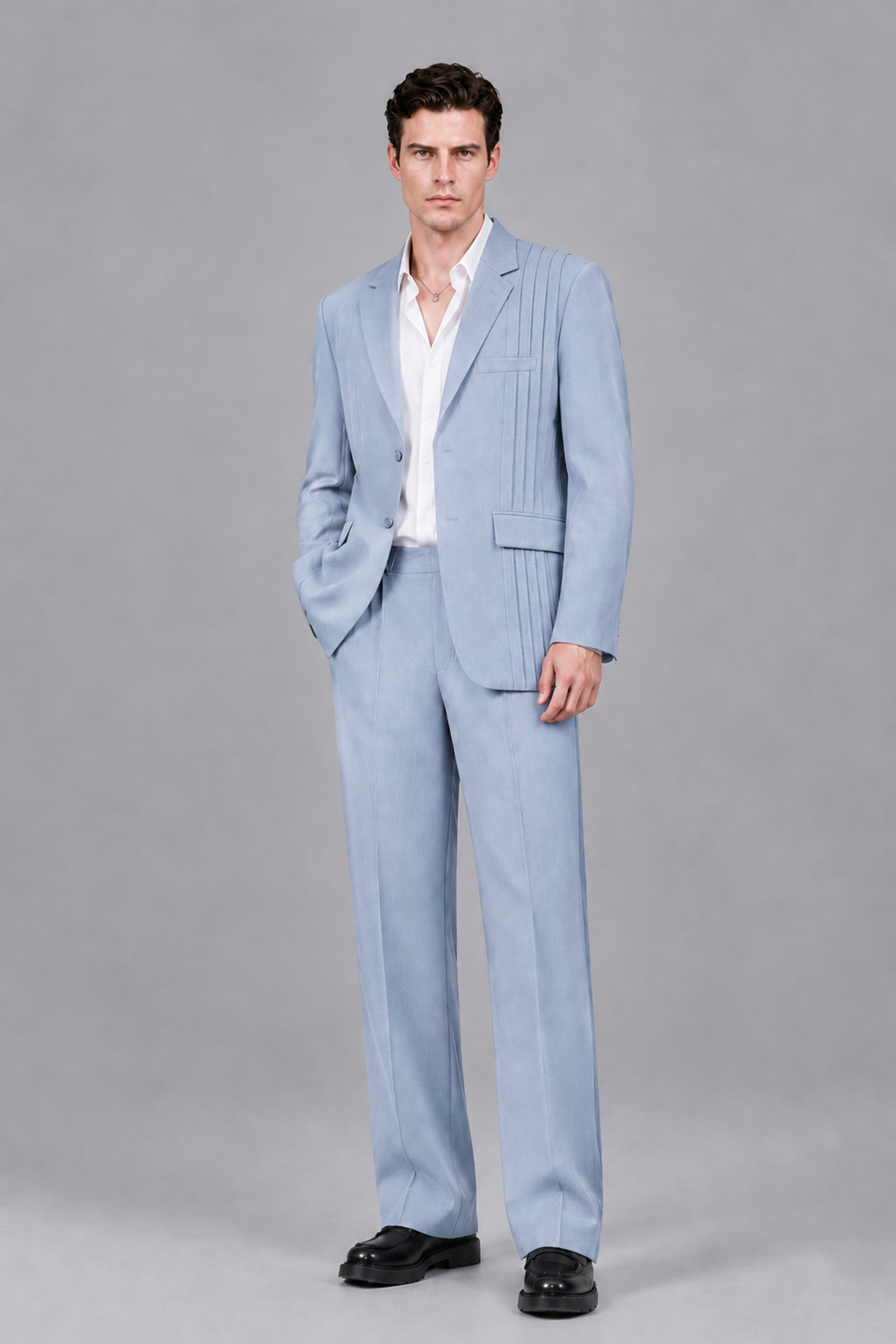 Savile Men's Powder Blue Pleated 2-Piece Suit Set | Notch Lapel Blazer & Tailored Trousers - Powder Blue - Powder Blue_2