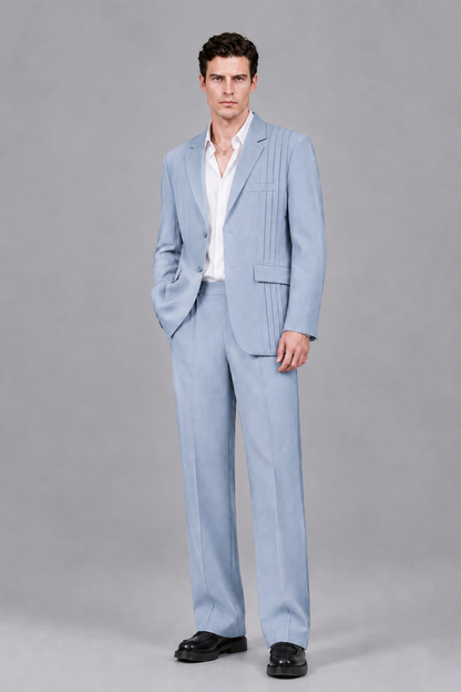 Savile Men's Powder Blue Pleated 2-Piece Suit Set | Notch Lapel Blazer & Tailored Trousers - Powder Blue - Powder Blue_2