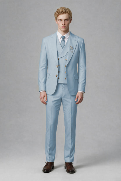 Savile Men's Powder Blue Three-Piece Wedding Suit with Double-Breasted Waistcoat - Powder Blue