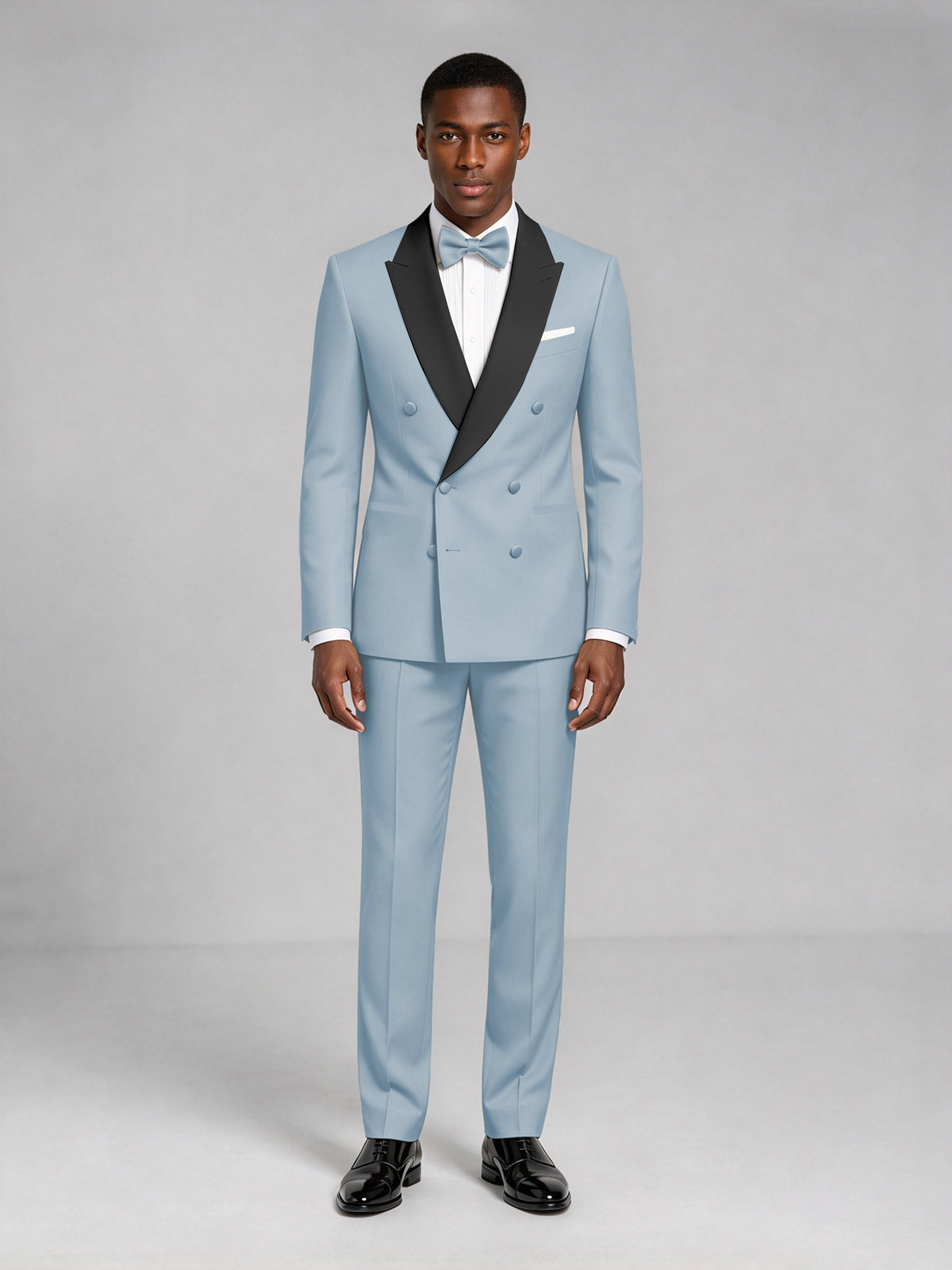 Men's Powder Blue Double-Breasted Tuxedo Suit – Satin Shawl Lapel Powder Blue-Tie Wedding & Gala 2-Piece Set - Powder Blue