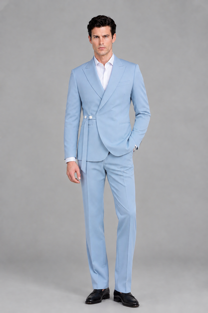 Savile Men's Modern Powder Blue 2-Piece Wrap Suit Set – Peak Lapel Side-Button Blazer & Tailored Trousers - Powder Blue - Powder_Blue_2