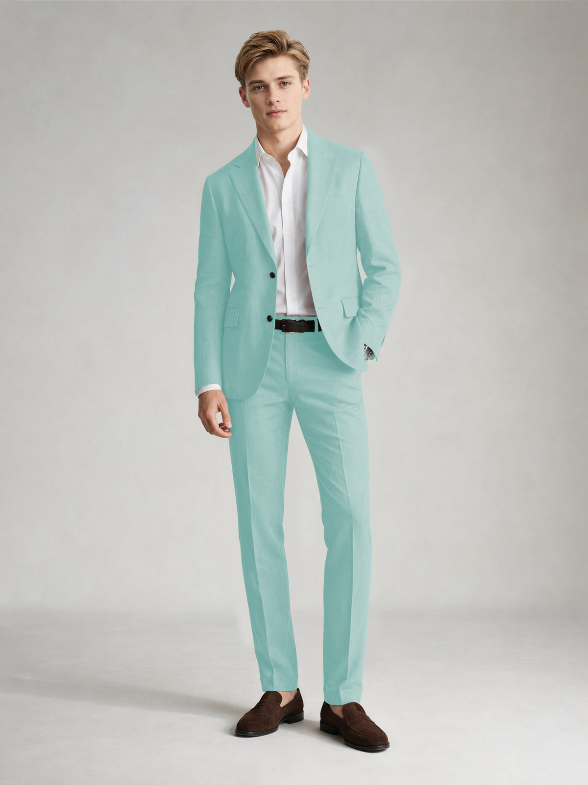 Savile Men's Sand Khaki Linen-Blend 2-Piece Suit Set – Two-Button Notch Lapel Slim-Fit Blazer & Slim Trousers - Powder Blue - Powder_Blue