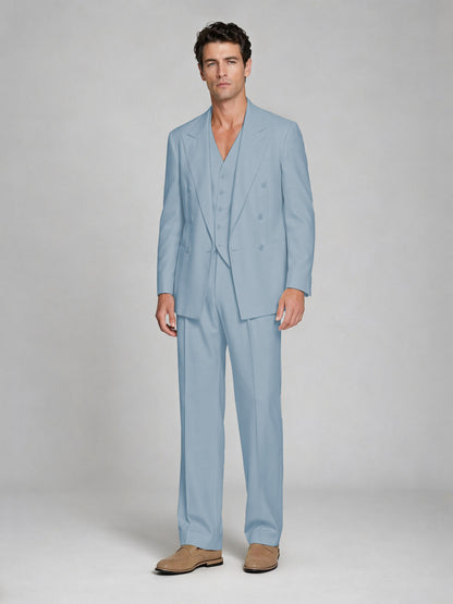 Men's Powder Blue Double-Breasted 2-Piece Suit – Peak Lapel Wedding & Beach Formal Set with Vest - Powder Blue