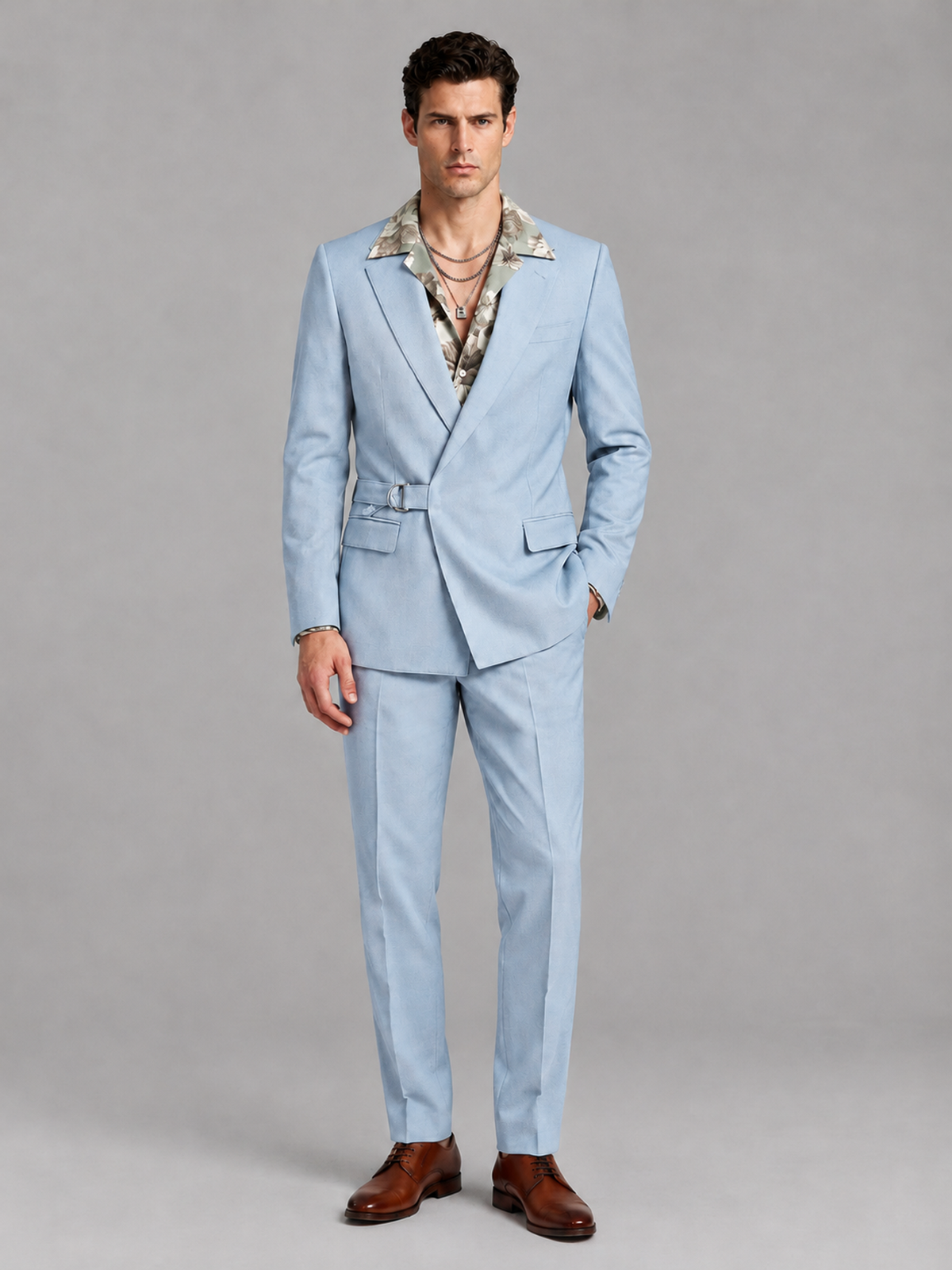 Savile Men's Powder Blue Belted Wrap 2-Piece Suit – Peak Lapel Blazer & Tailored Trousers - SUC060 - Powder Blue - Powder Blue_2