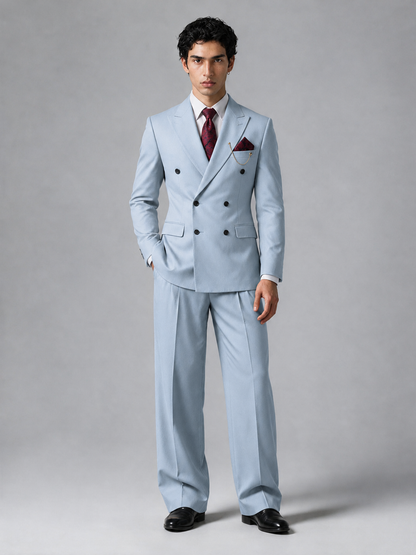 Savile Men's Powder Blue Double-Breasted 2-Piece Suit Set – Peak Lapel Blazer & Pleated Wide-Leg Trousers - Powder Blue - Powder Blue_2