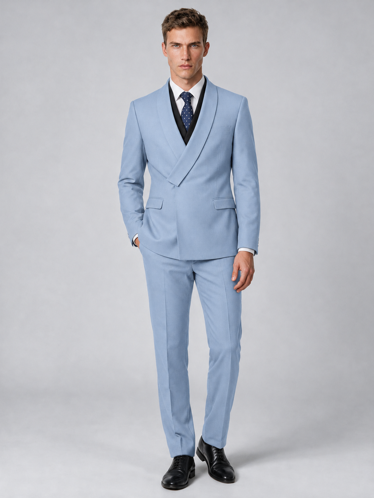Savile Men's Powder Blue Wrap Shawl Lapel 2-Piece Suit Set – Modern Jacket & Trousers - Powder Blue - Powder Blue_2
