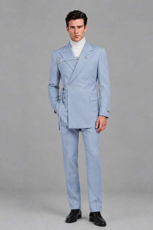 Savile Men's Powder Blue Double Buckle Wrap Belted 2-Piece Suit Set – Peak Lapel Slim-Fit Jacket & Trousers - Powder Blue - Powder Blue_2