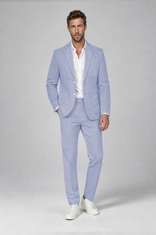 Savile Men's Powder Blue Striped 2-Piece Suit Set – Notch Lapel Blazer & Tailored Trousers - Powder Blue - Powder_Blue(2)