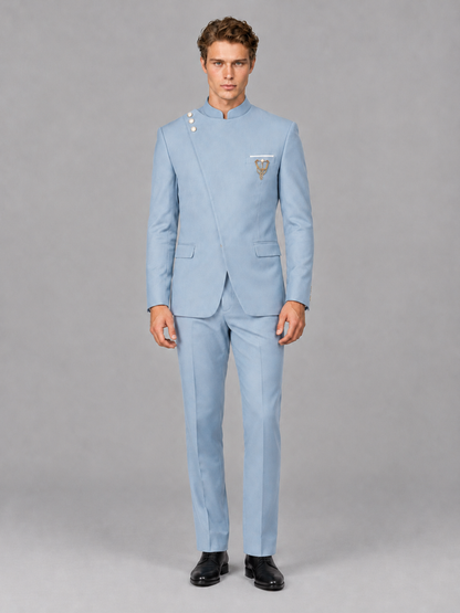 Savile Men's Powder Blue Mandarin Collar Asymmetrical 2-Piece Suit Set – Modern Jacket & Trousers - Powder Blue - Powder Blue_2