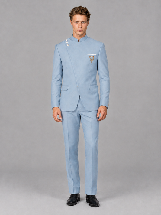 Savile Men's Powder Blue Mandarin Collar Asymmetrical 2-Piece Suit Set – Modern Jacket & Trousers - Powder Blue - Powder Blue_2