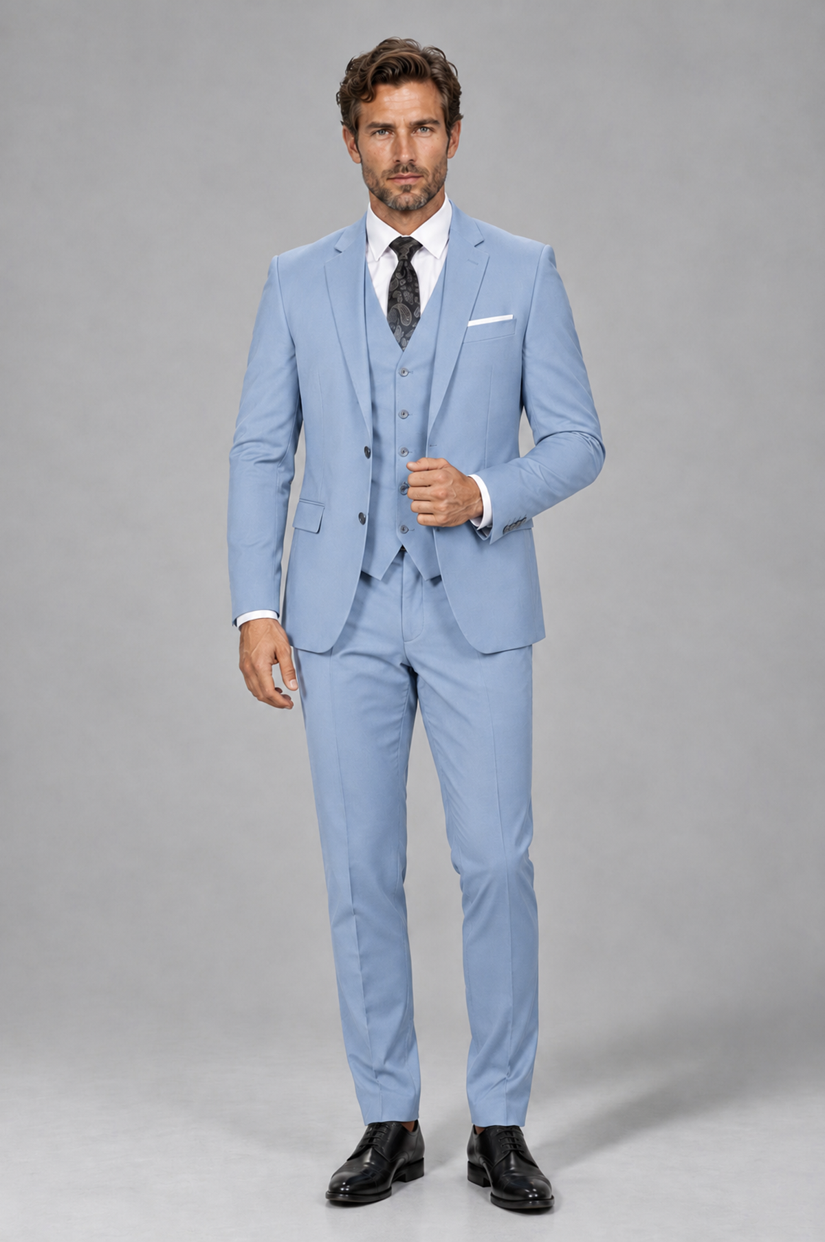 Savile Men's Powder Blue 3-Piece Suit Set – Notch Lapel Blazer, Vest & Trousers - Powder Blue - Powder_Blue_2