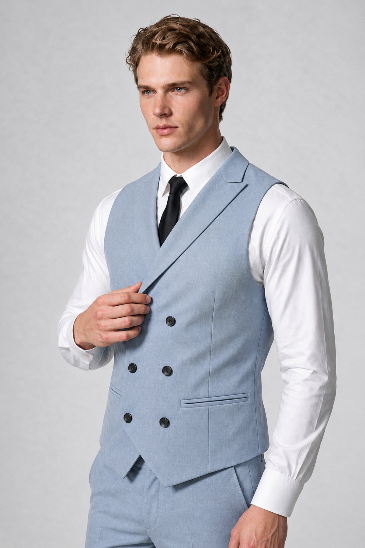 Men's Classic Powder Blue Double-Breasted Shawl Lapel Suit Vest | Savile QX0100 - Powder Blue