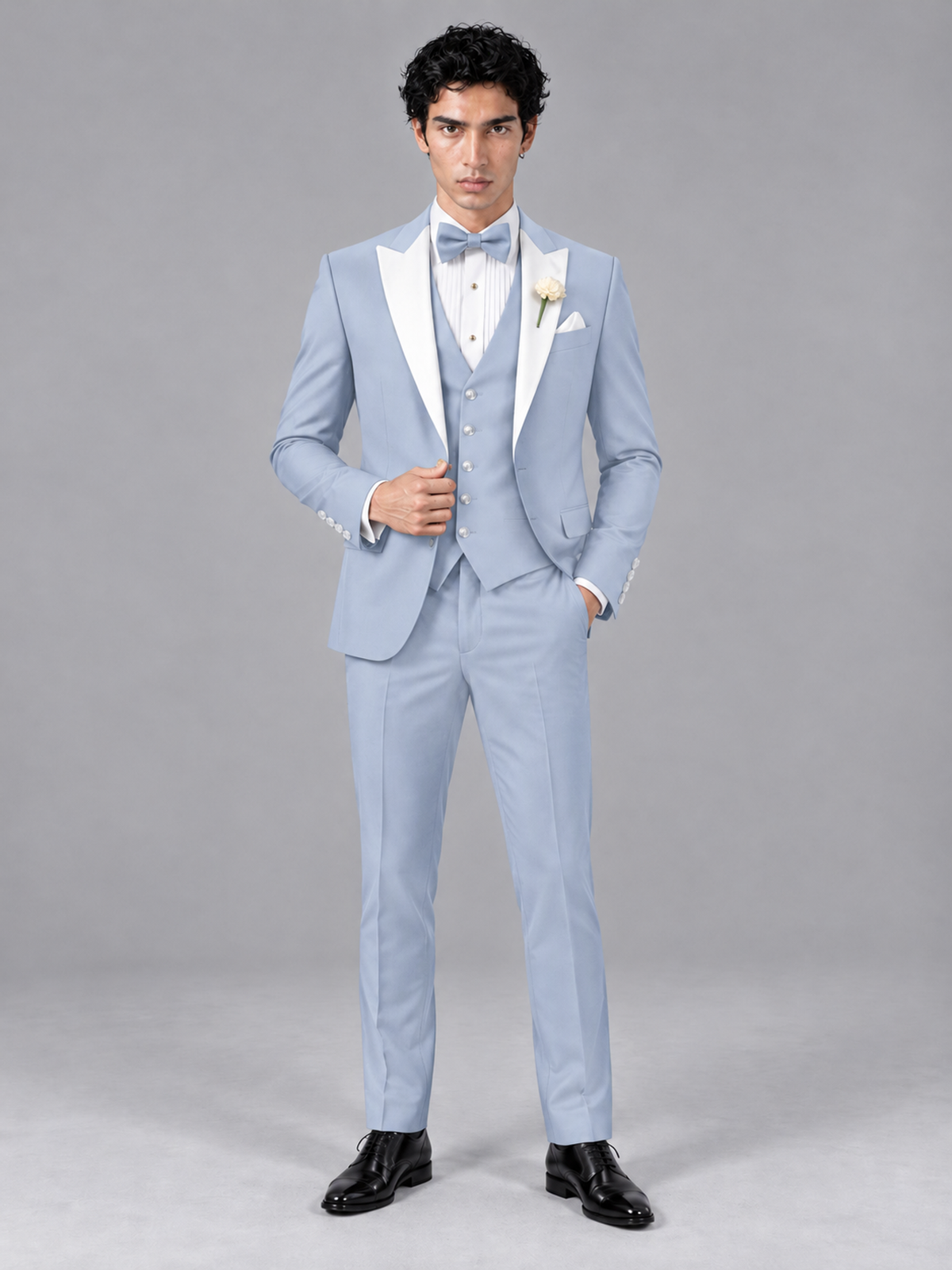 Savile Men's Powder Blue Contrast White Peak Lapel 3-Piece Tuxedo Suit - Powder_Blue