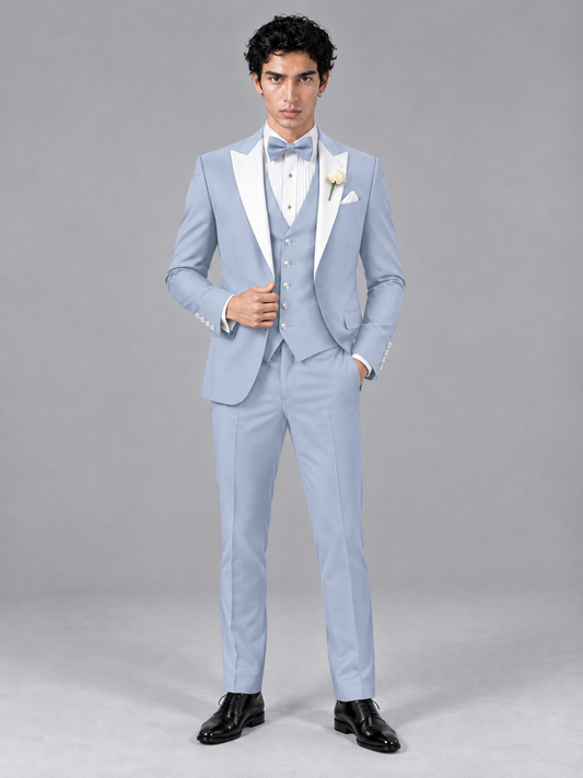 Savile Men's Powder Blue Contrast White Peak Lapel 3-Piece Tuxedo Suit - Powder_Blue